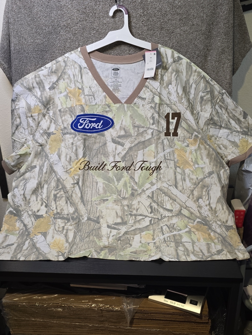 Ford Women's Short Sleeve Camo V-Neck Tee in Beige and Green